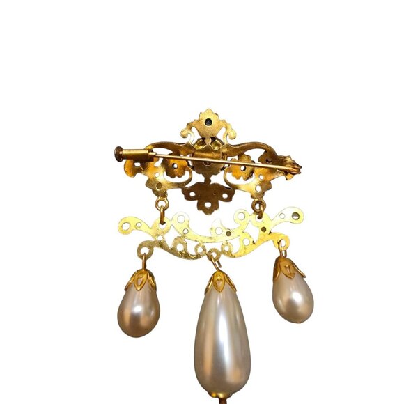 Antique Possible French Gilt Elaborate Glass Pearl Dangle Brooch Trombone Clasp - Picture 6 of 7